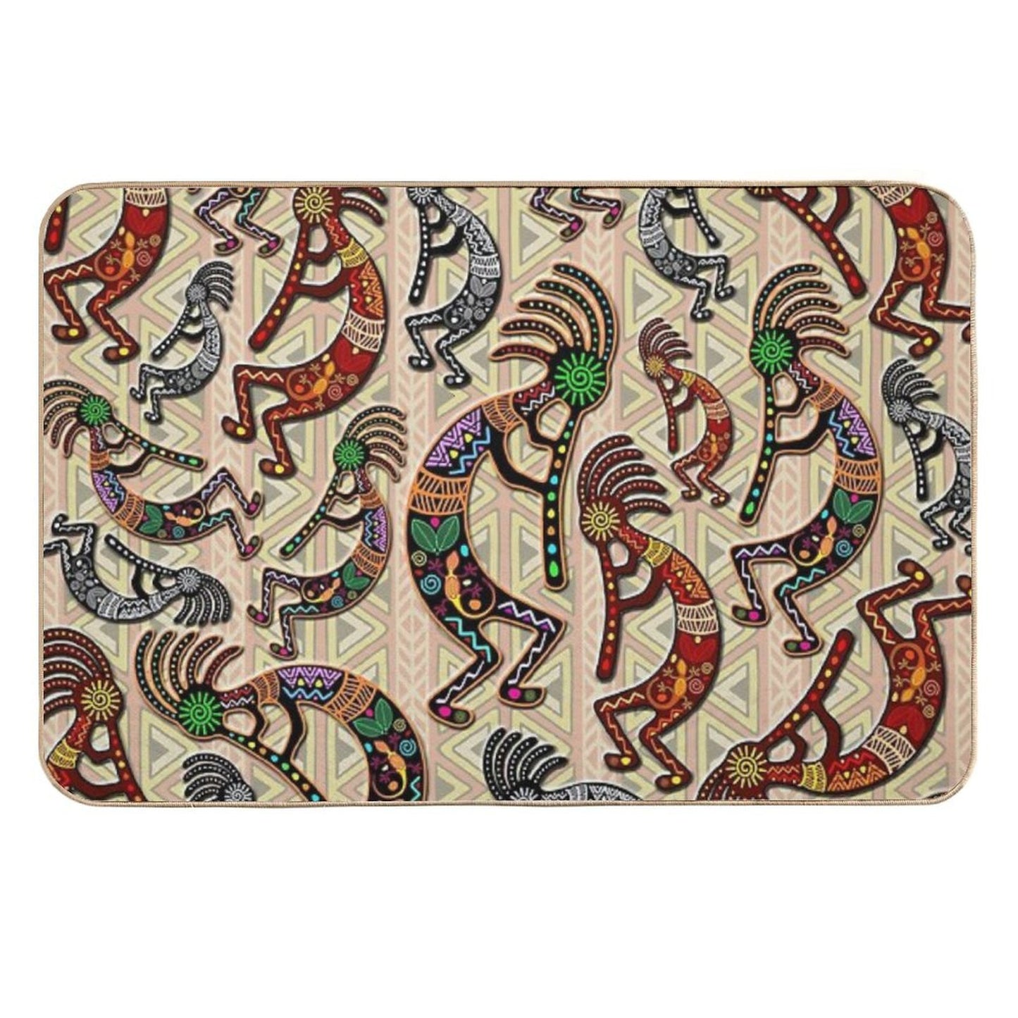 Kokopelli Rainbow Colors on Tribal Pattern  Long-Lasting Bath Mat
