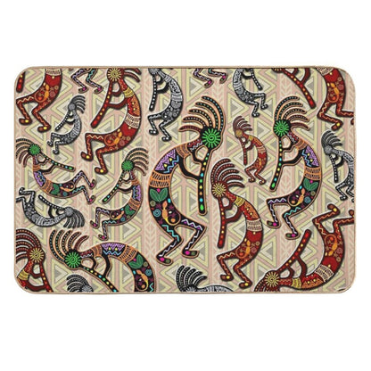 Kokopelli Rainbow Colors on Tribal Pattern  Long-Lasting Bath Mat