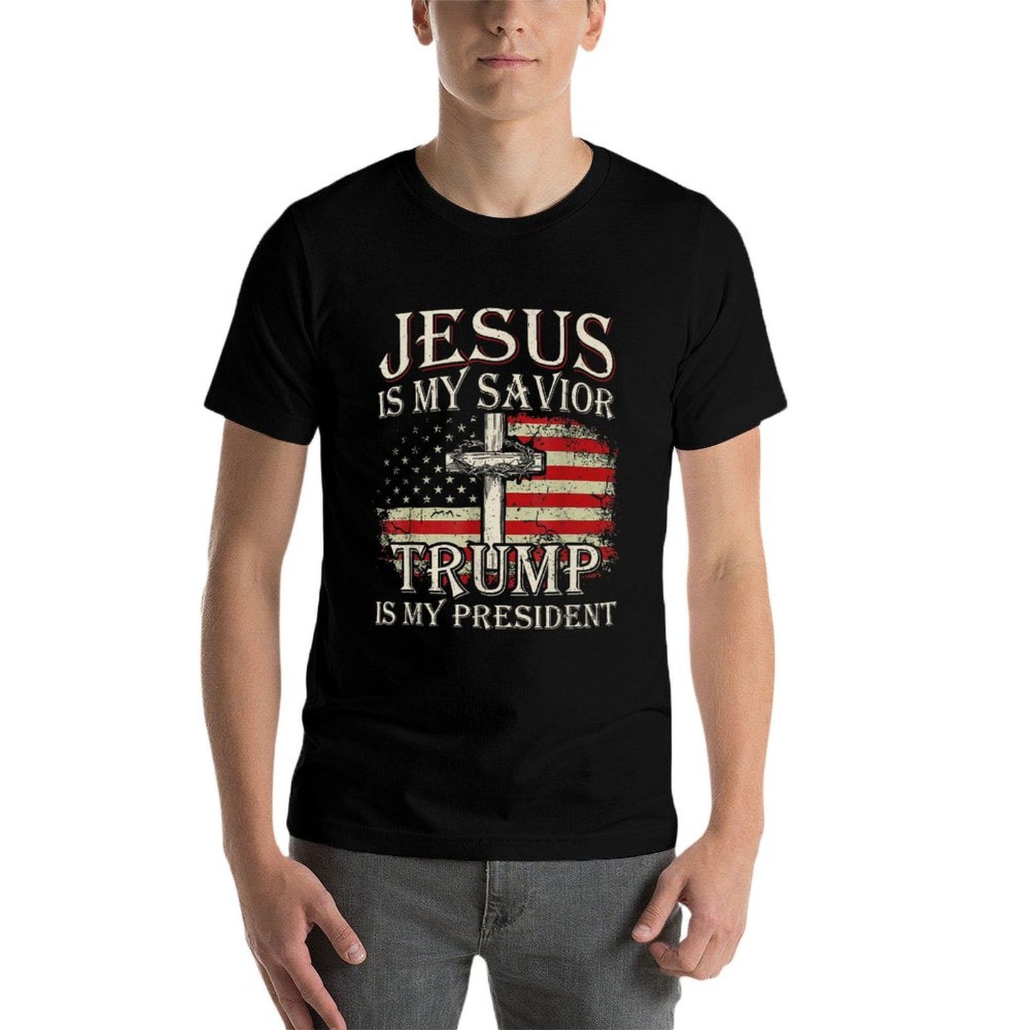 Jesus Is My Savior Trump Is My President American Flag  Trendy Pattern T-Shirt