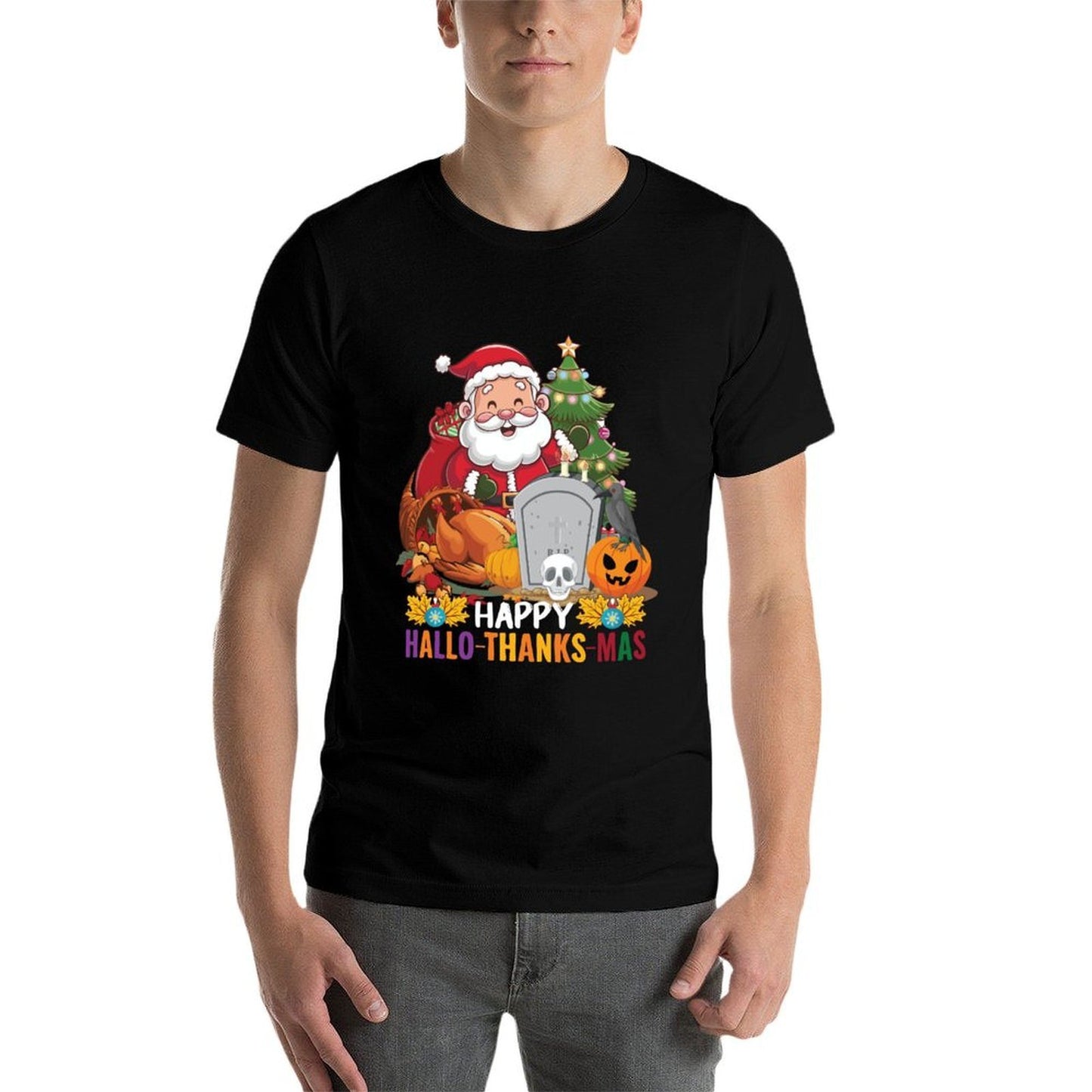 Happy Hallothanksmas Thanksgiving Halloween Merry Christmas  Rolled Sleeves T-Shirt