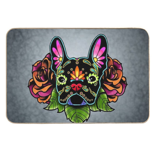 Day of The Dead French Bulldog in Black Sugar Skull Dog  High-Traffic Bath Mat