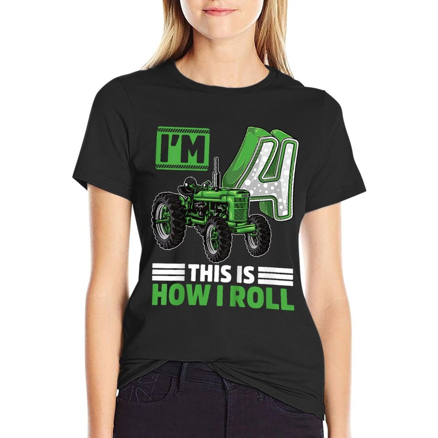 Kids Green Farm Tractor 4th Birthday Party 4 Year Old Farmer  Stretchy T-Shirt