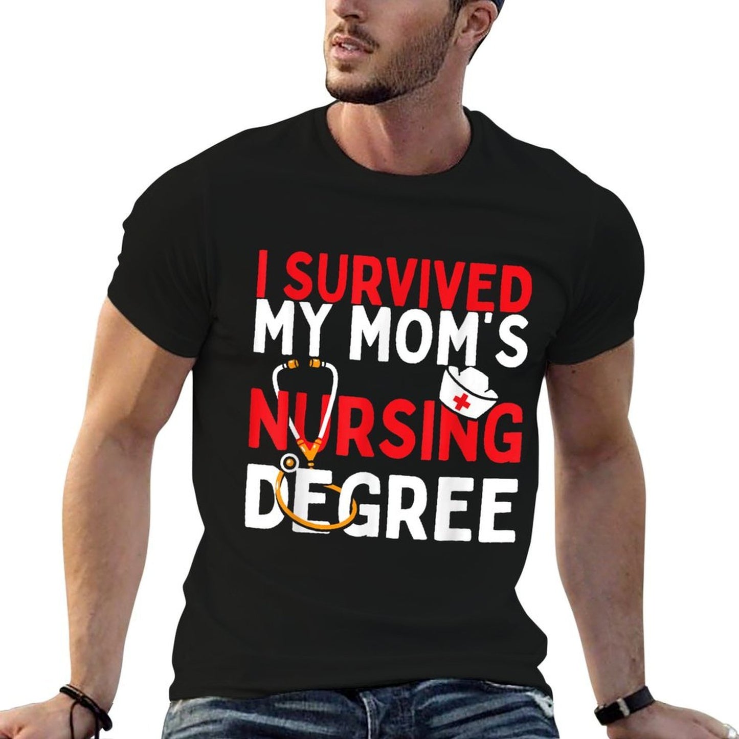 I Survived My Mom&#39;s Nursing Degree Funny Graduation 2025  Ribbed Collar T-Shirt