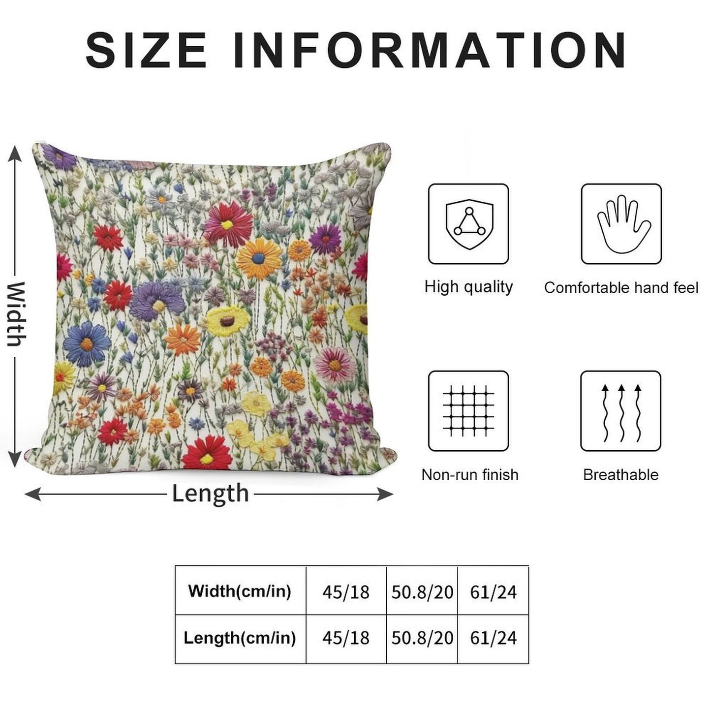 Embroidered Wildflowers Soft High-Density Material Throw Pillow