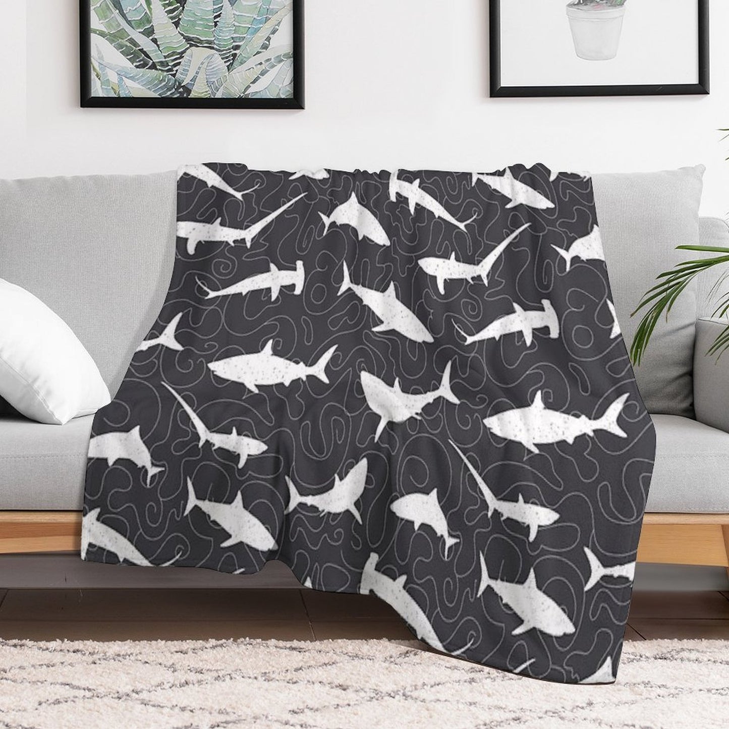 Shark Frenzy Pattern on Charcoal Grey Easy Care Throw Blanket