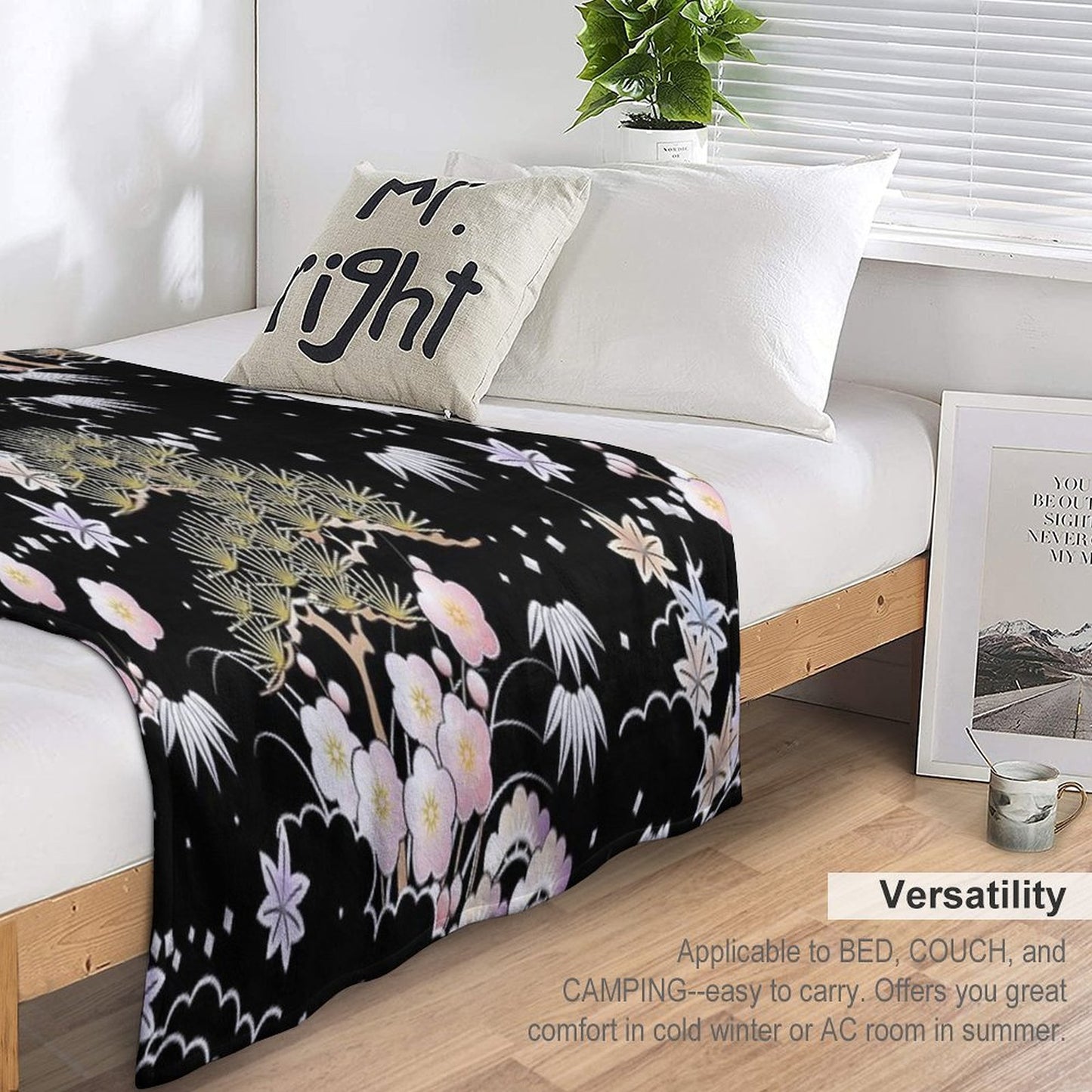 Japanese Floral Machine-washable Throw Blanket