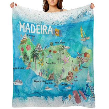 Madeira Portugal Island Illustrated Map with Landmarks And Highlights Anti-pilling Throw Blanket
