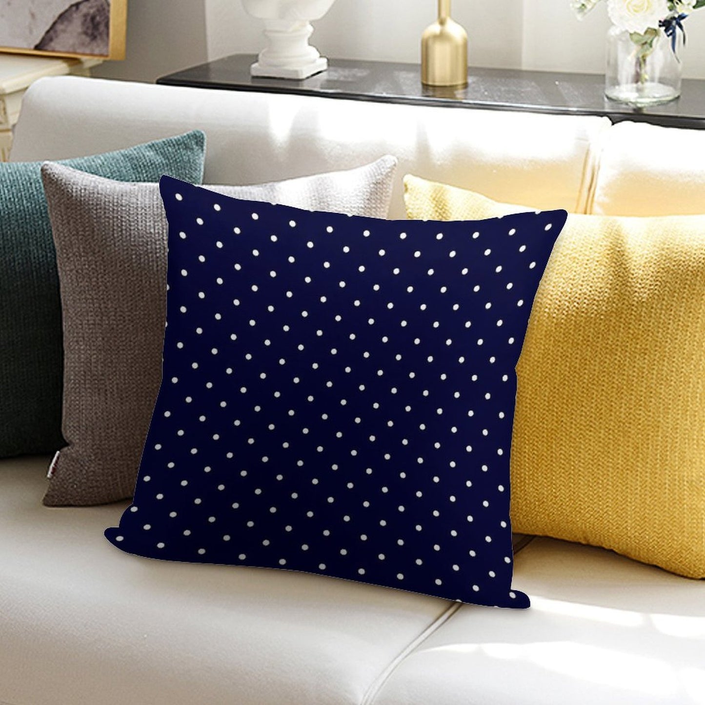 Navy Blue White Polka Dots Soft Shrink-Resistant Throw Pillow