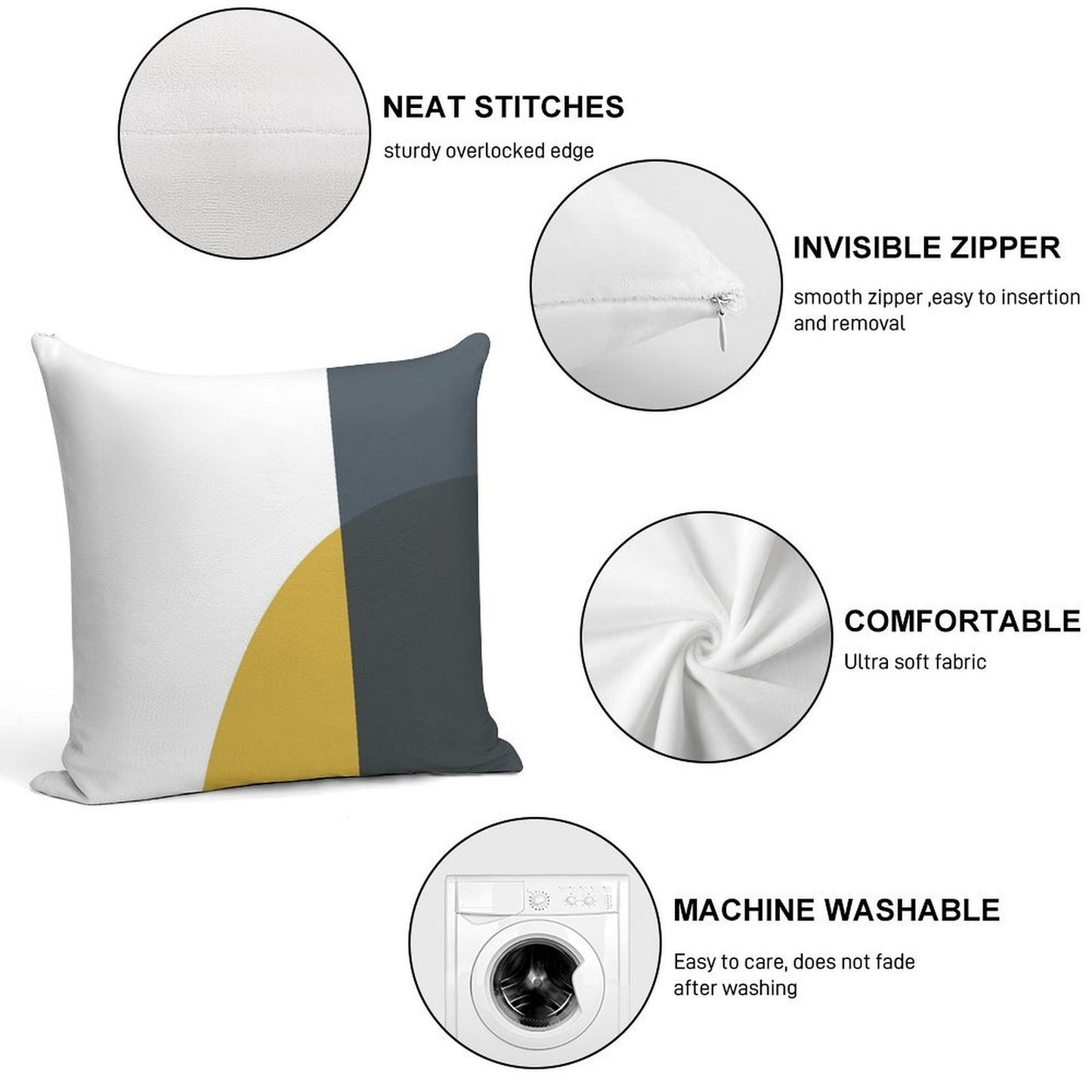 Abstract Geometric Minimalist 2 Navy Blue, Light Mustard Yellow, And White Soft Easy Maintenance Throw Pillow