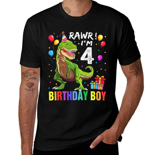 Kids 4 Year Old 4th Birthday Boy T Rex Dinosaur  Cotton T-Shirt