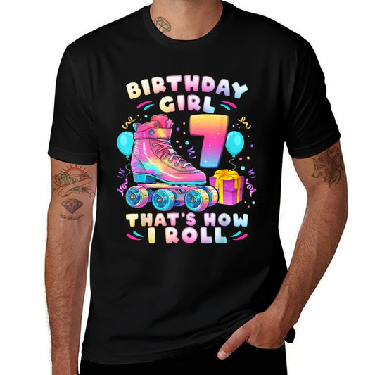 7th Birthday Girl 7 Years, Roller Skates, Number 7  Lightweight T-Shirt