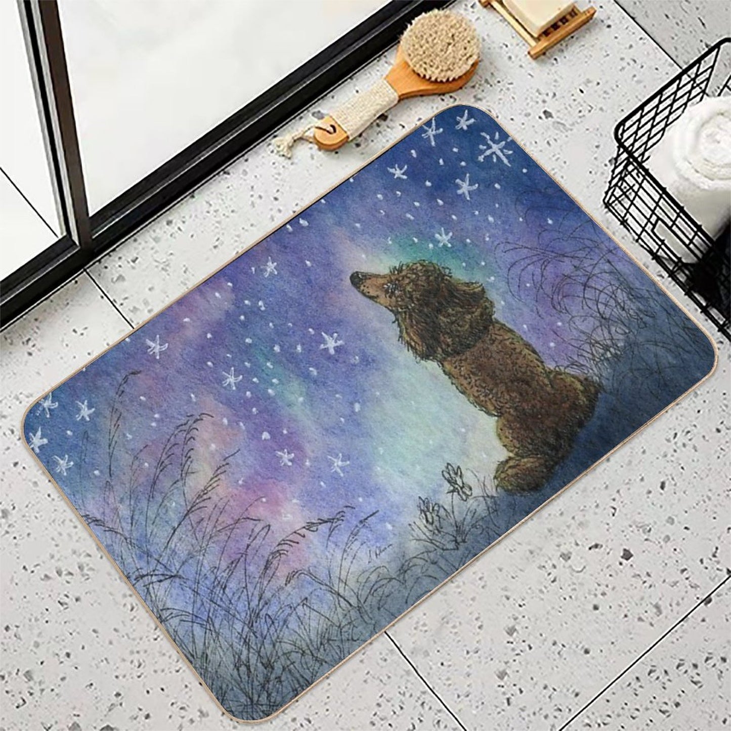 Poodle Dog Gazing at Starry Night Sky, Looking for Inspiration  Multi-Purpose Bath Mat