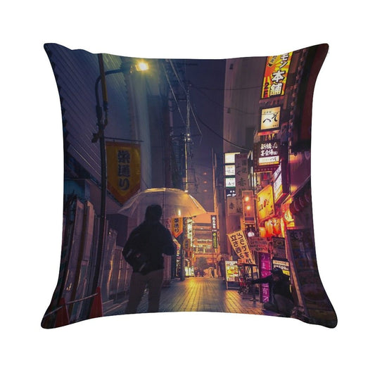 Neon Noir Street Reflecting The Warm Yellow And Orange Light from The Bar Area. Soft Durable Construction Throw Pillow
