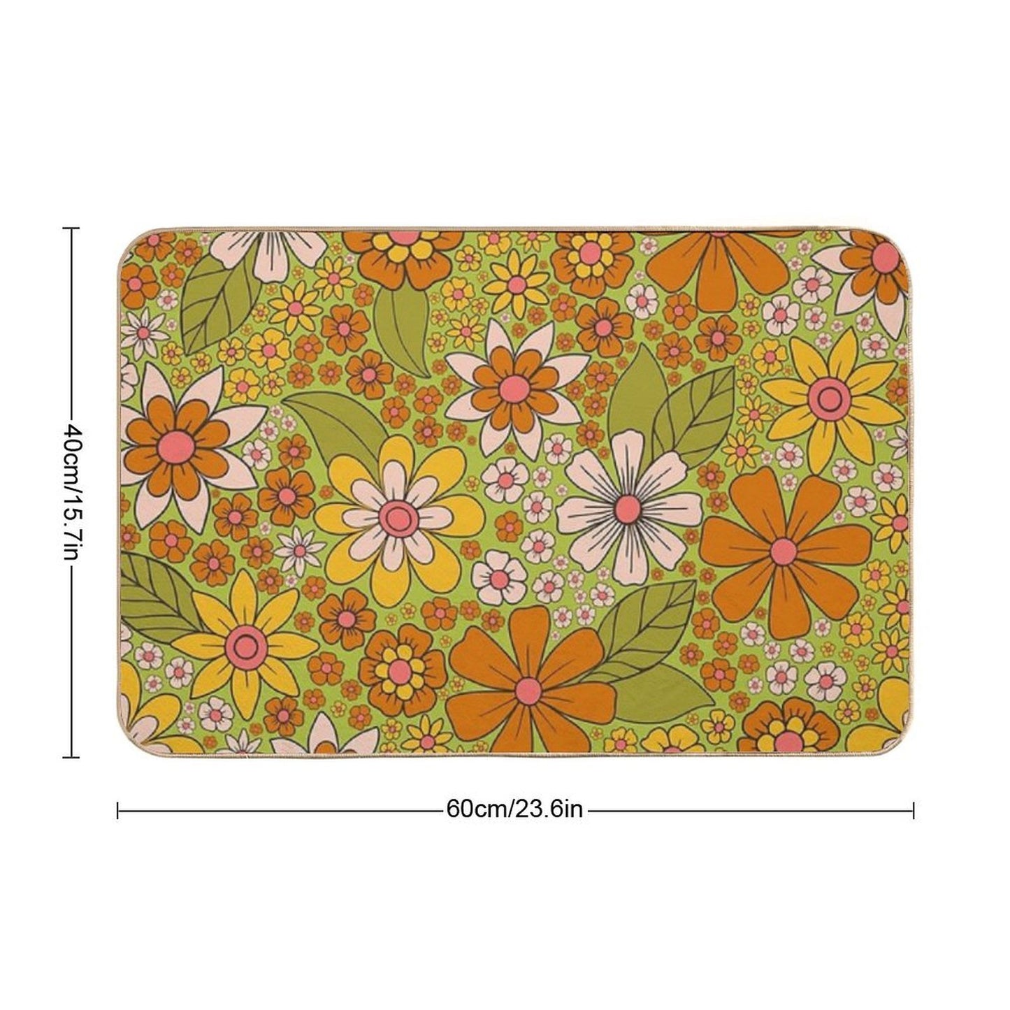 1960s, 1970s Retro Floral in Green, Pink & Orange - Flower Power  High-Traffic Bath Mat