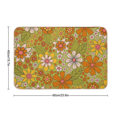 1960s, 1970s Retro Floral in Green, Pink & Orange - Flower Power  High-Traffic Bath Mat