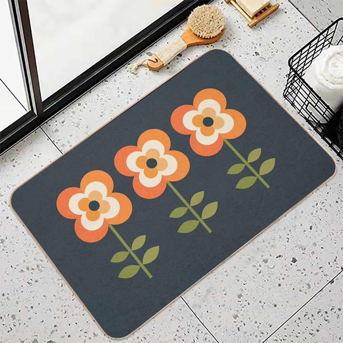 Retro Flower - Orange And Charcoal  Pet-Safe Bath Mat