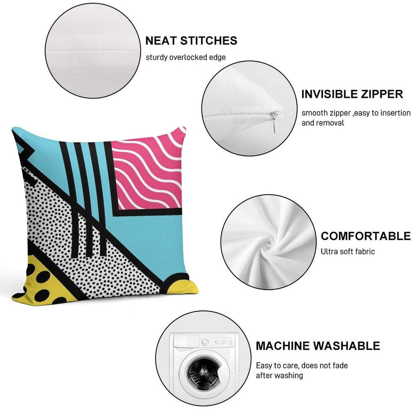 Abstract 80s Memphis Pop Art Style Graphics Soft Reinforced Edging Throw Pillow