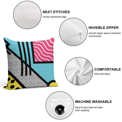 Abstract 80s Memphis Pop Art Style Graphics Soft Reinforced Edging Throw Pillow