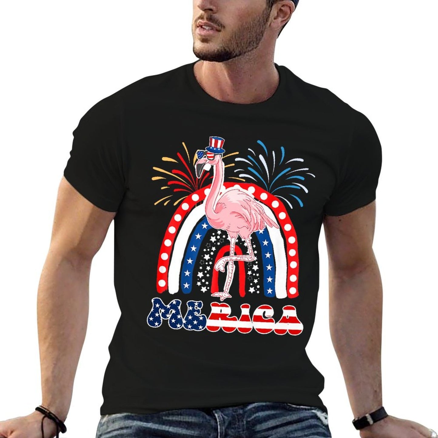 Flamingo American Rainbow 4th Of July Red White Blue Premium  Lightweight T-Shirt