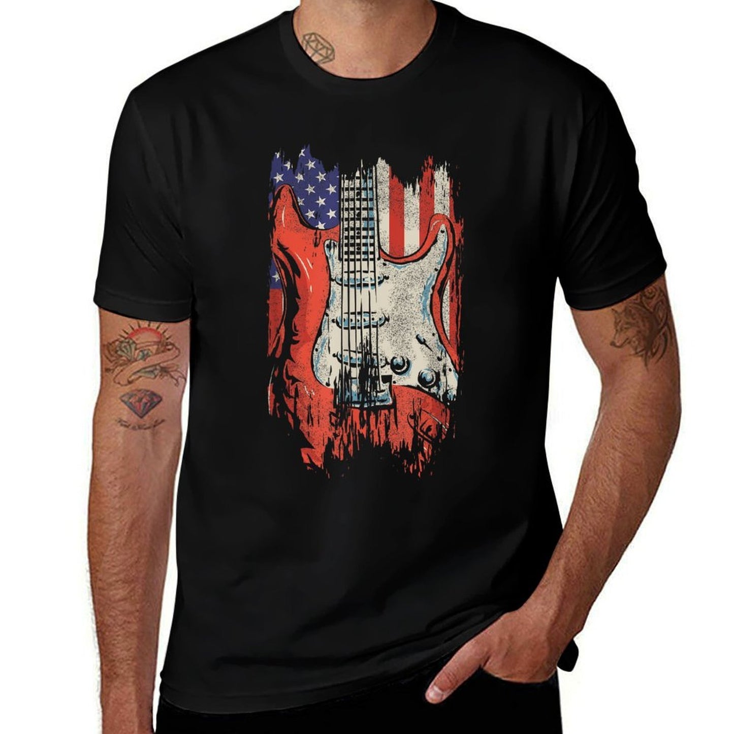 American Guitar 4th of July Guitarist USA Country Music Women Kids Men  Oversized Silhouette T-Shirt