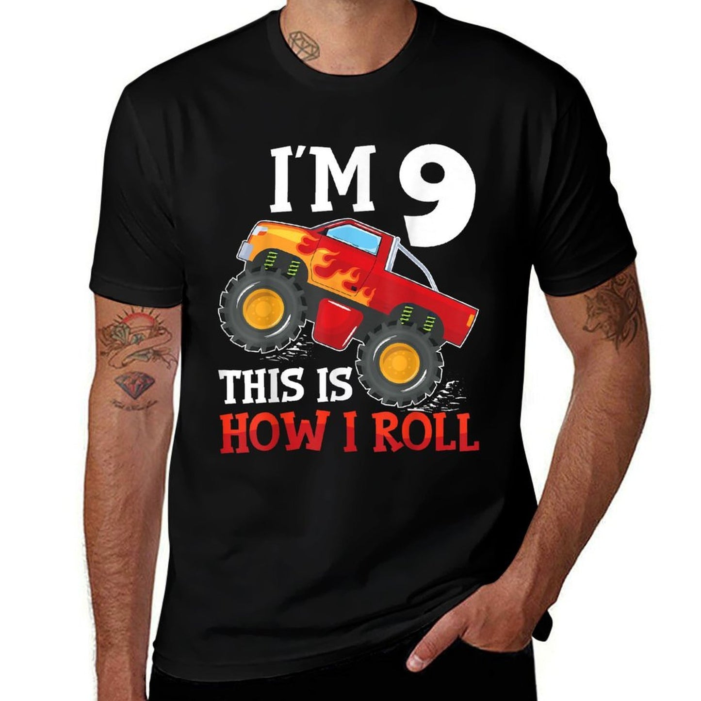 Nine 9yr 9th Birthday Monster Truck Boy 9 Years Old  Wrinkle-resistant T-Shirt