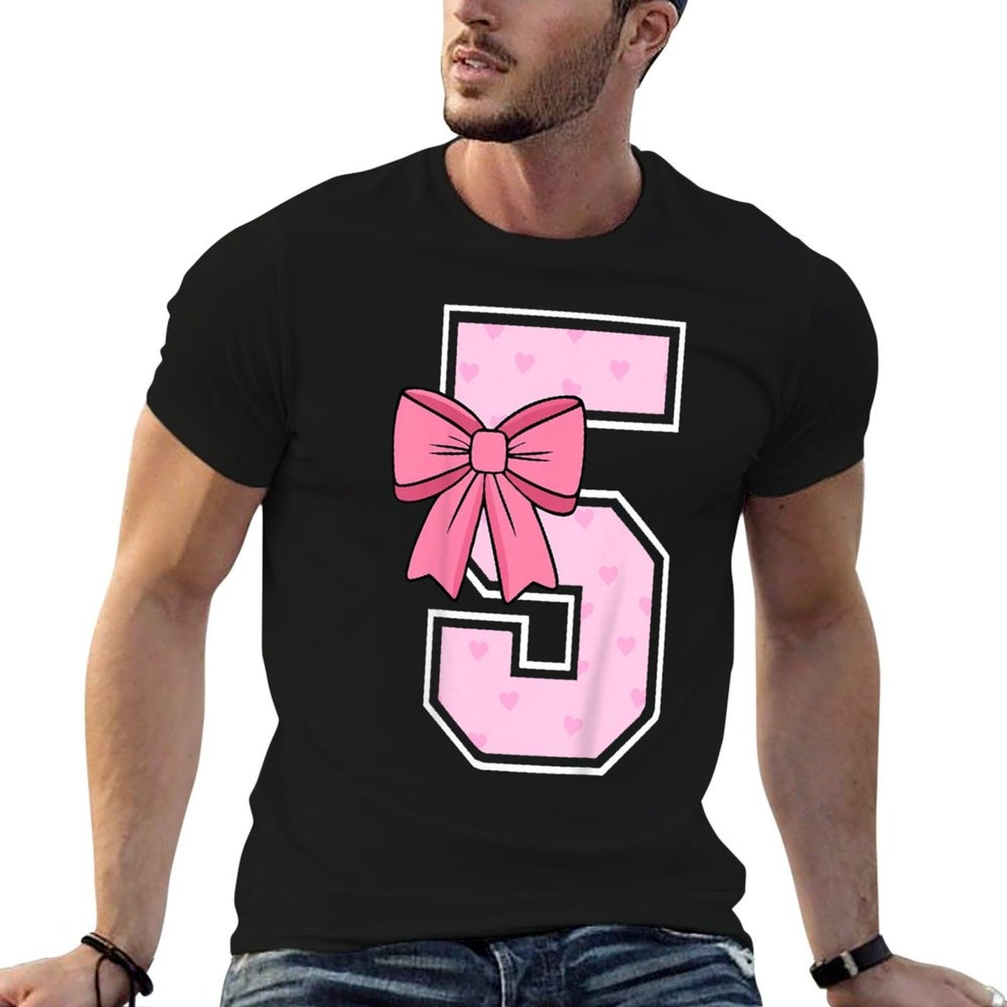 Kids Cute Coquette Bow Pink Number 5 Birthday Girl 5-Year-Old  High-quality Stitching T-Shirt