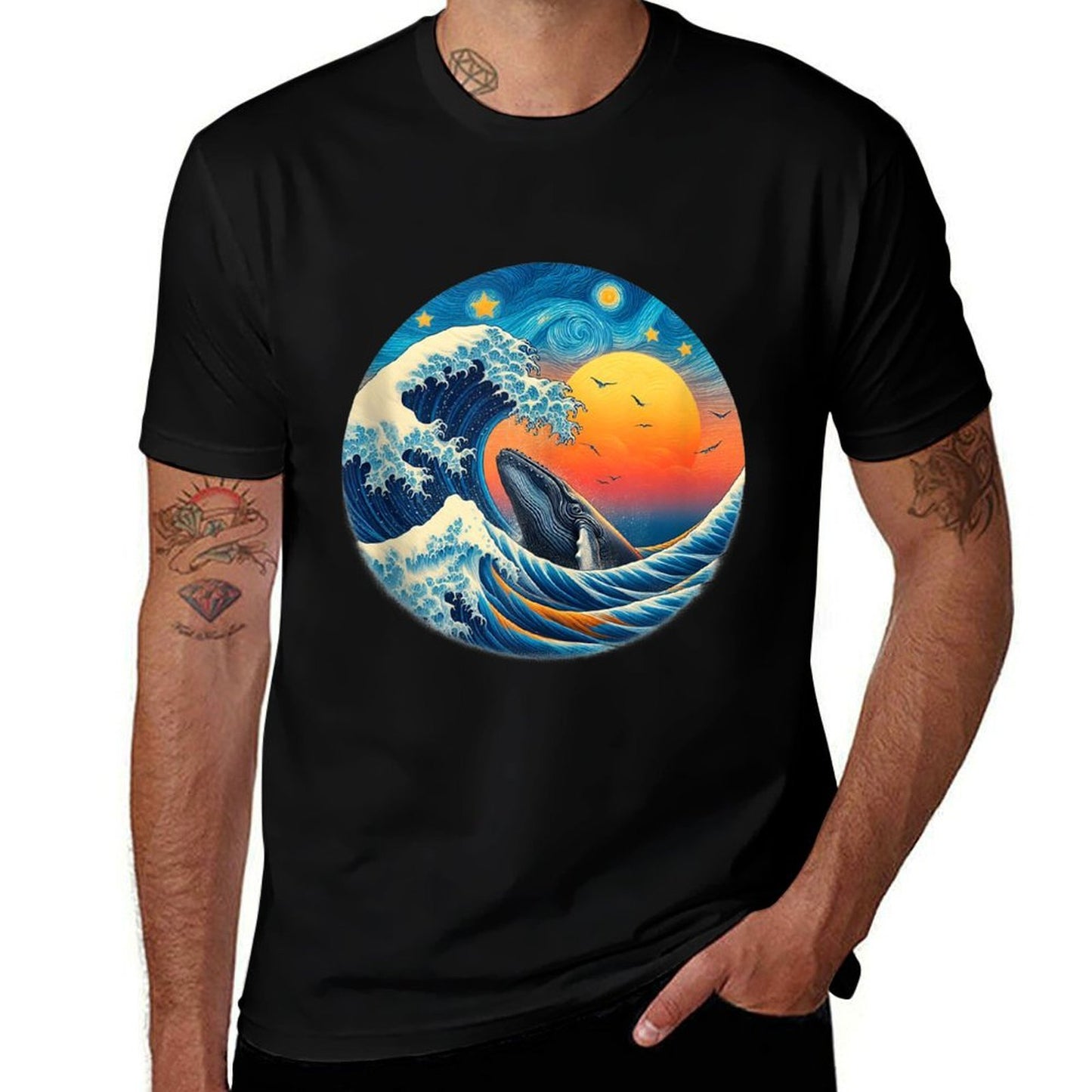 Sunset Whale Wave - Ocean, Starry Night, Sky, Van Gogh Style  Heathered Texture T-Shirt