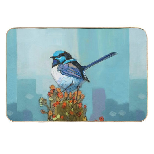 Blue Wren on Bush  Repositionable Bath Mat