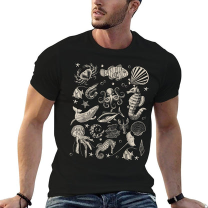 Vintage Ocean Wildlife Shark Turtle Octopus  Stretchy T-Shirt