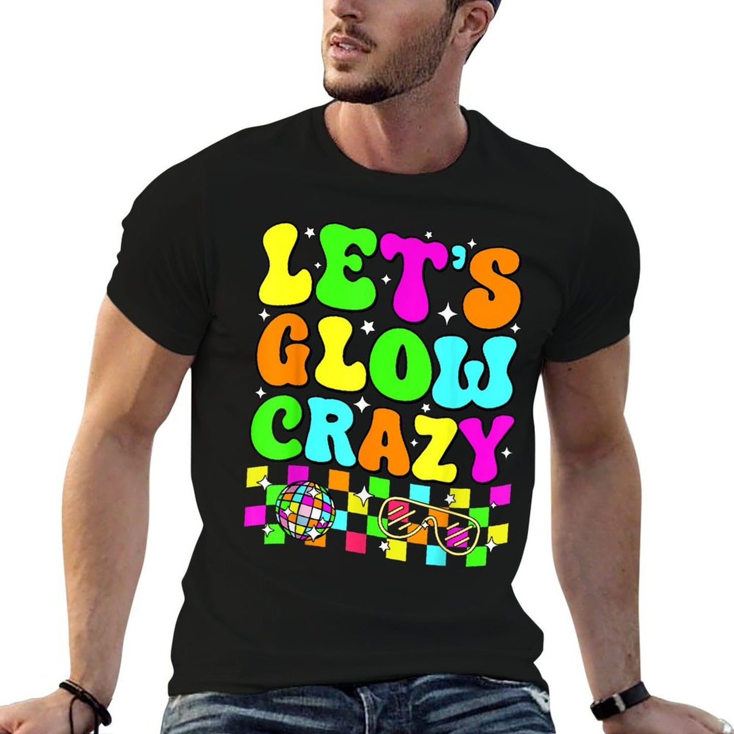 Party 80s Group Team Lets Crazy Retro Colorful Quote Glowing  Cotton T-Shirt