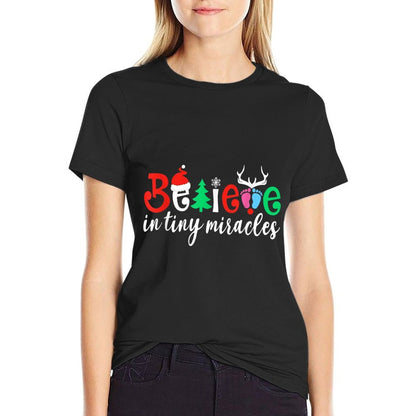 Believe In Tiny Miracles Reindeer Christmas Funny NICU Nurse  Summer-ready Fabric T-Shirt
