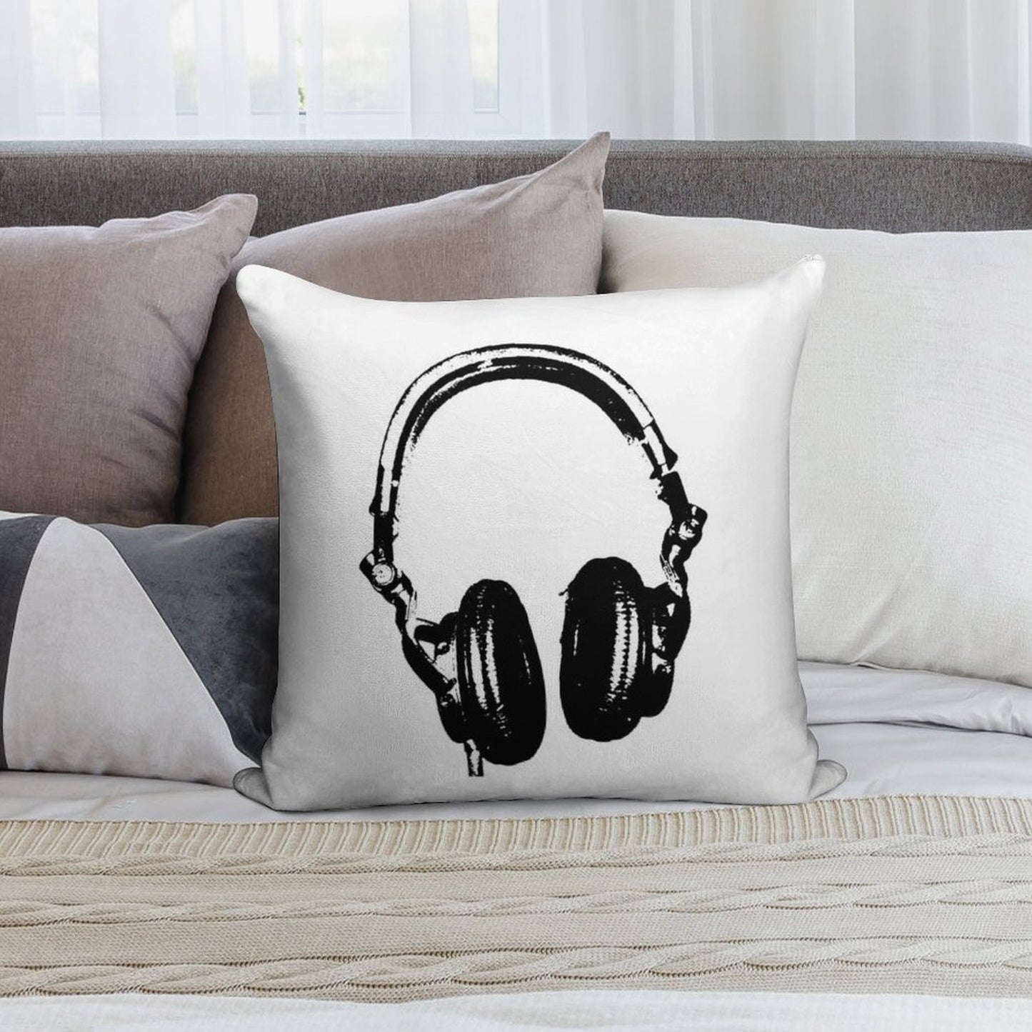 DJ Headphones Stencil Style Soft Easy Maintenance Throw Pillow