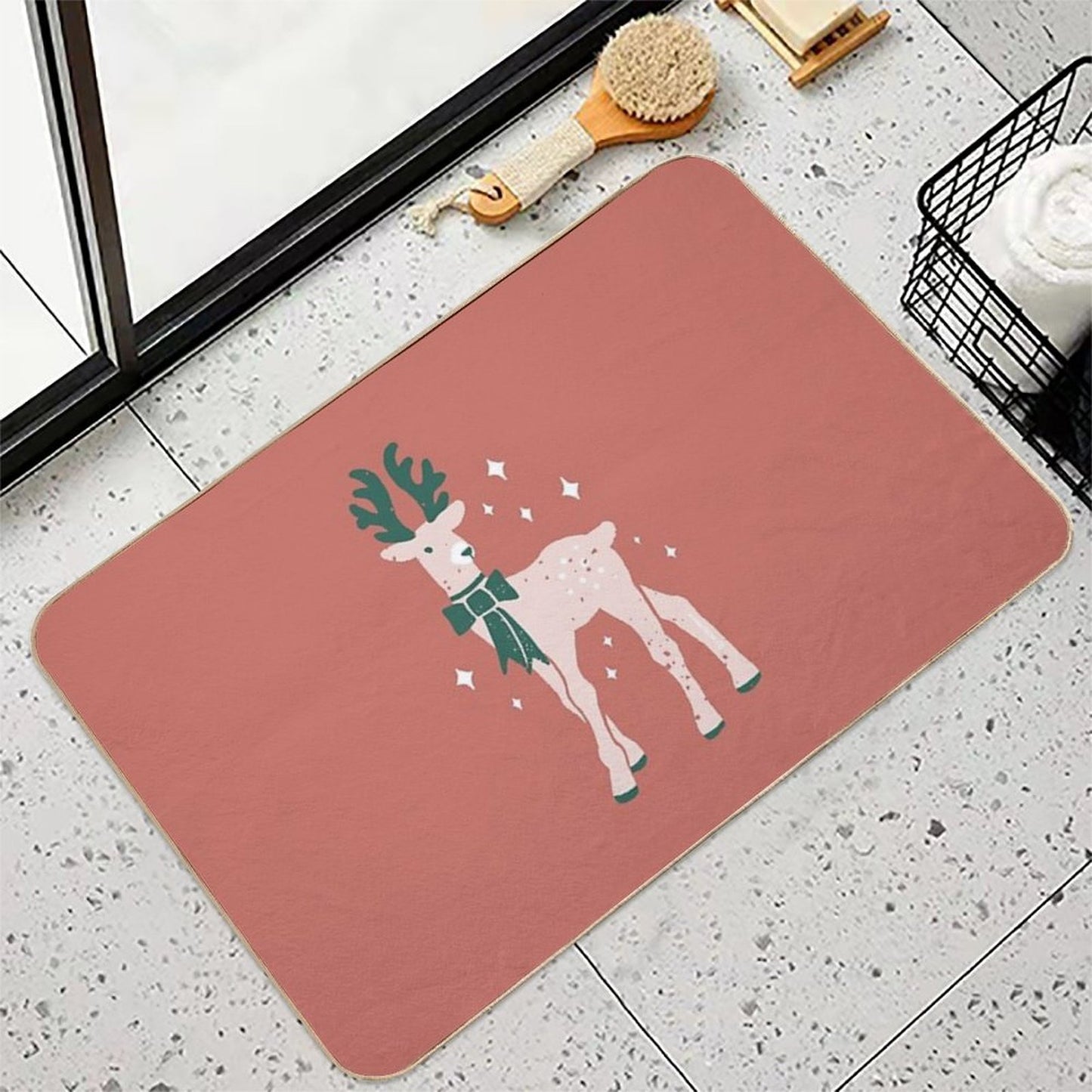 Reindeer with A Bow Christmas Design  Anti-Trip Bath Mat