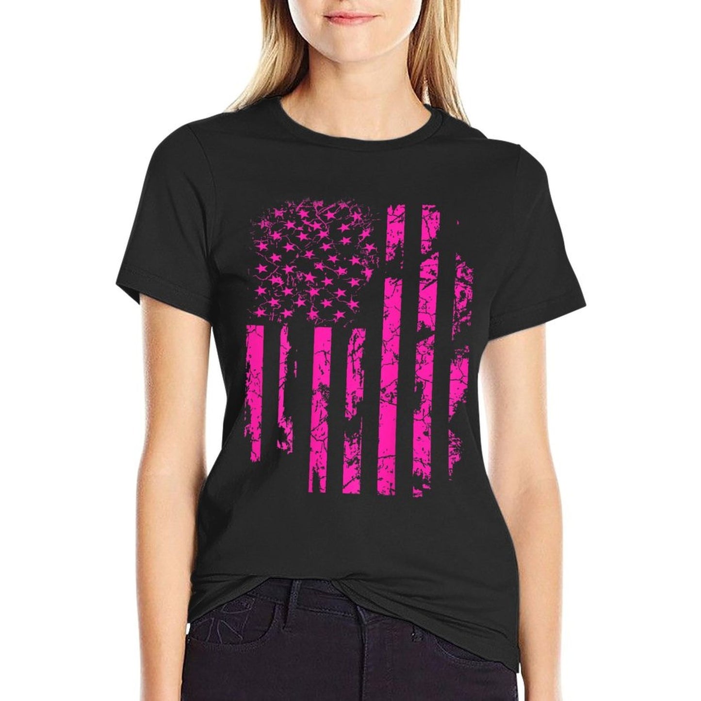 Pink Distressed USA  Cotton T-Shirt