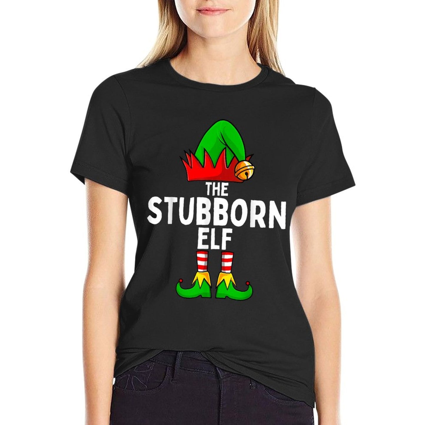 Stubborn Elf Matching Family Christmas  Ribbed Collar T-Shirt