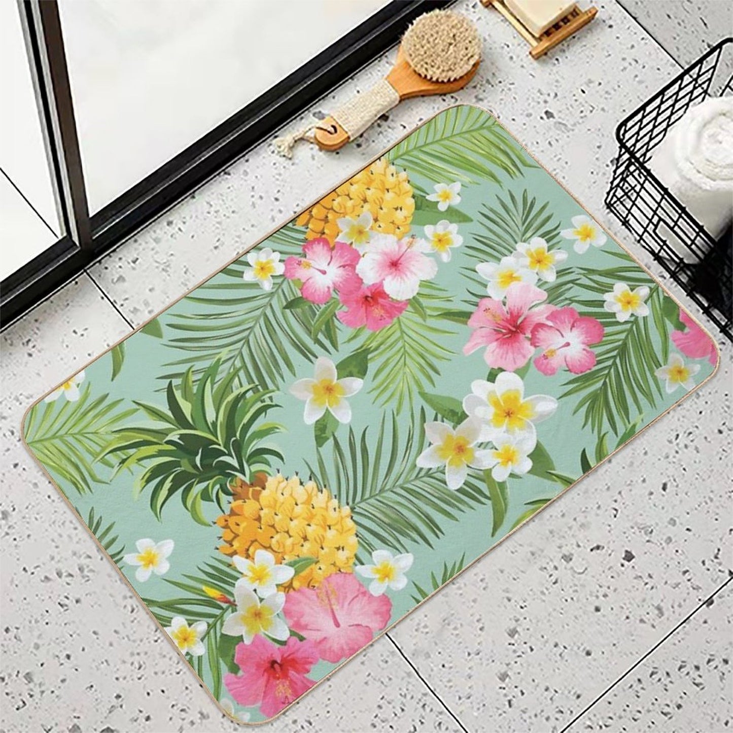 Hawaiian Pineapple And Tropical Flowers  Repositionable Bath Mat