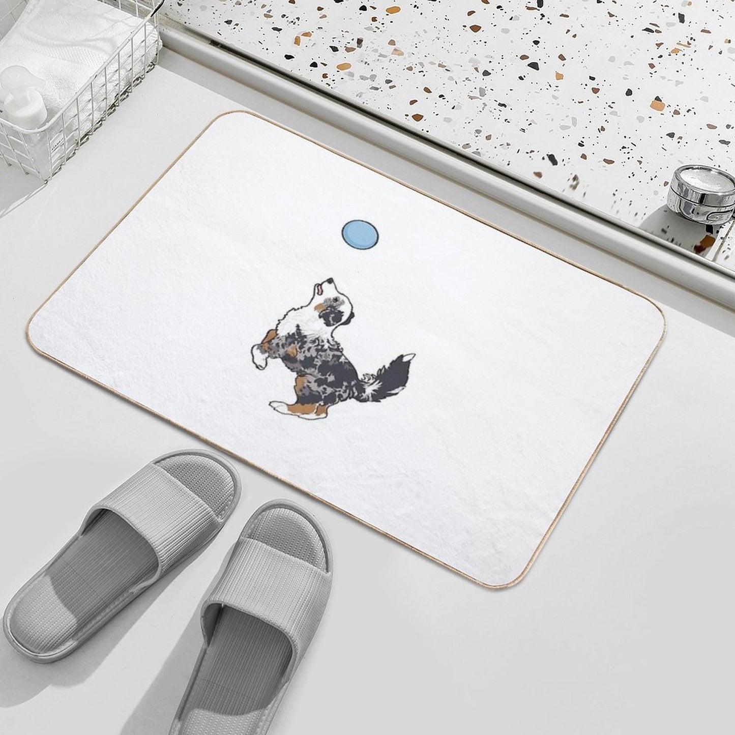Blue Merle Aussie Dog Playing Frisbee  Blue Merle Australian Shepherd  Rapid-Drying Bath Mat