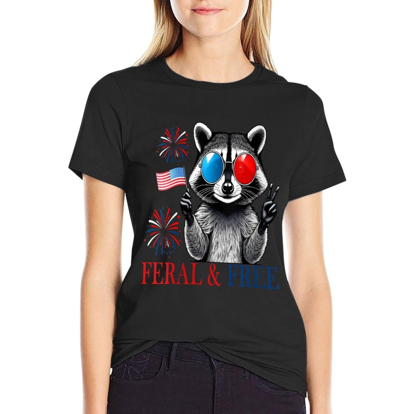 Womens Patriotic Racoon Feral And Free Funny 4th of July Look  Ribbed Collar T-Shirt