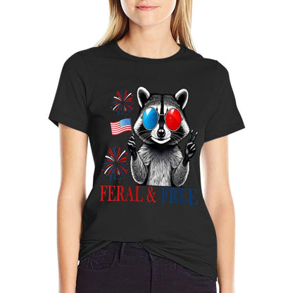 Womens Patriotic Racoon Feral And Free Funny 4th of July Look  Ribbed Collar T-Shirt