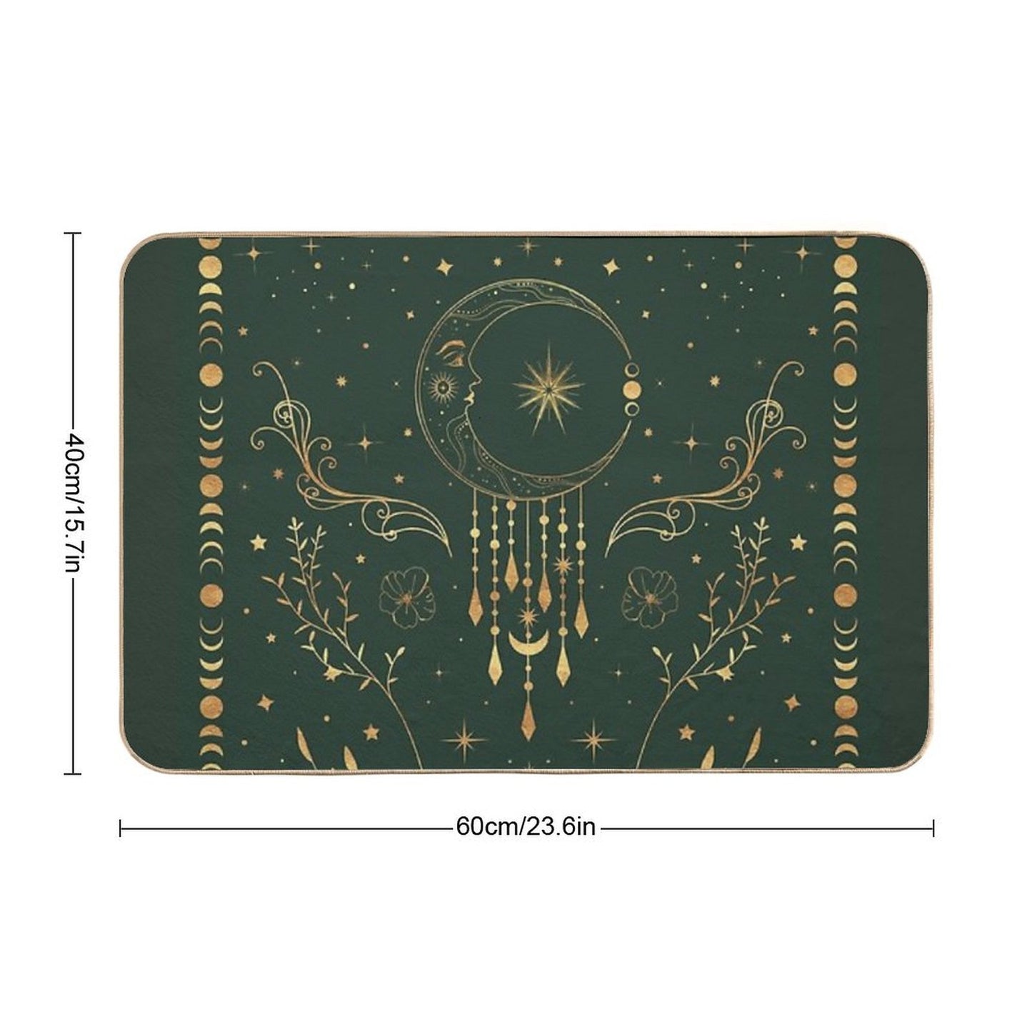 Sage Green And Gold Celestial Crescent Moon with Floral Accents And Moon Phase Tie Dye  Slip-Resistant Bath Mat