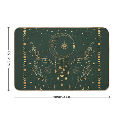 Sage Green And Gold Celestial Crescent Moon with Floral Accents And Moon Phase Tie Dye  Slip-Resistant Bath Mat
