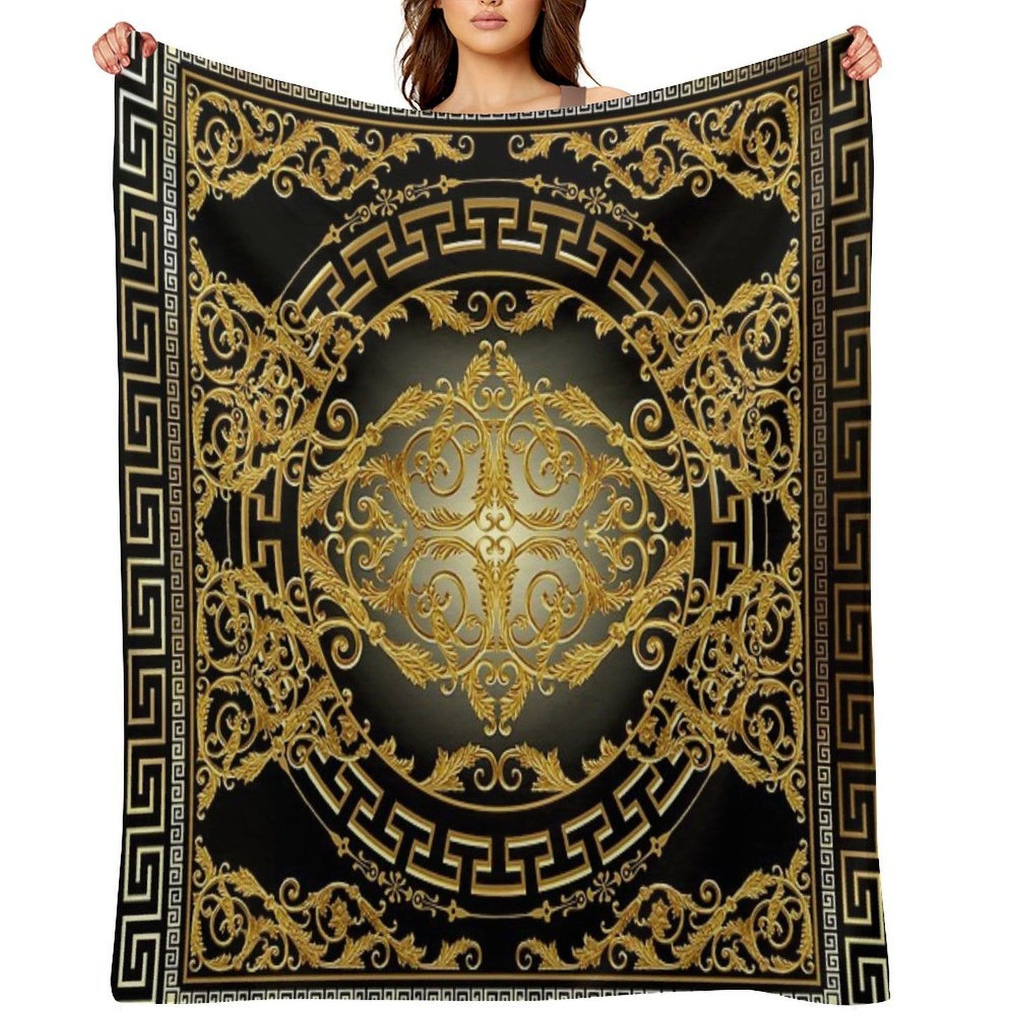 Greek Keys 3 Black Golden White Baroque Style Durable Throw Blanket