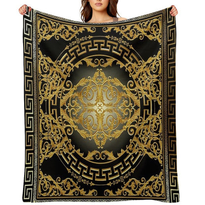 Greek Keys 3 Black Golden White Baroque Style Durable Throw Blanket