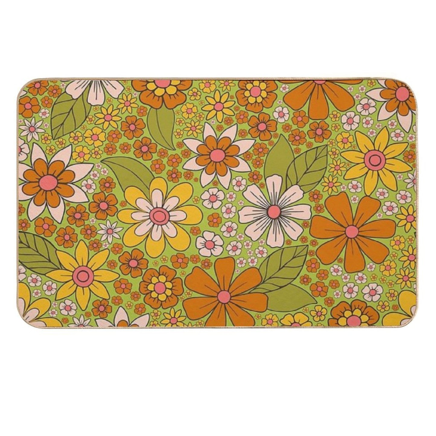 1960s, 1970s Retro Floral in Green, Pink & Orange - Flower Power  High-Traffic Bath Mat