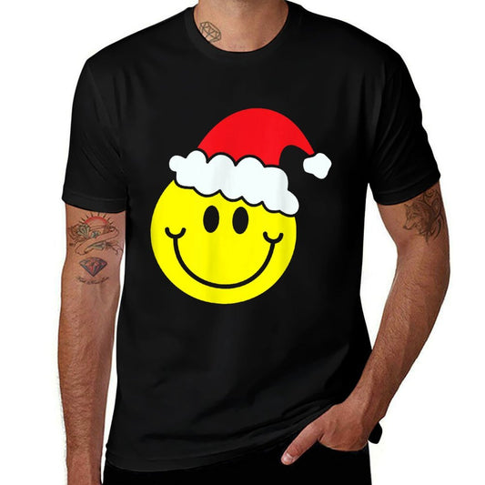 Yellow Smile Face Christmas Santa Hat Smiling Face Comfortable T-Shirt