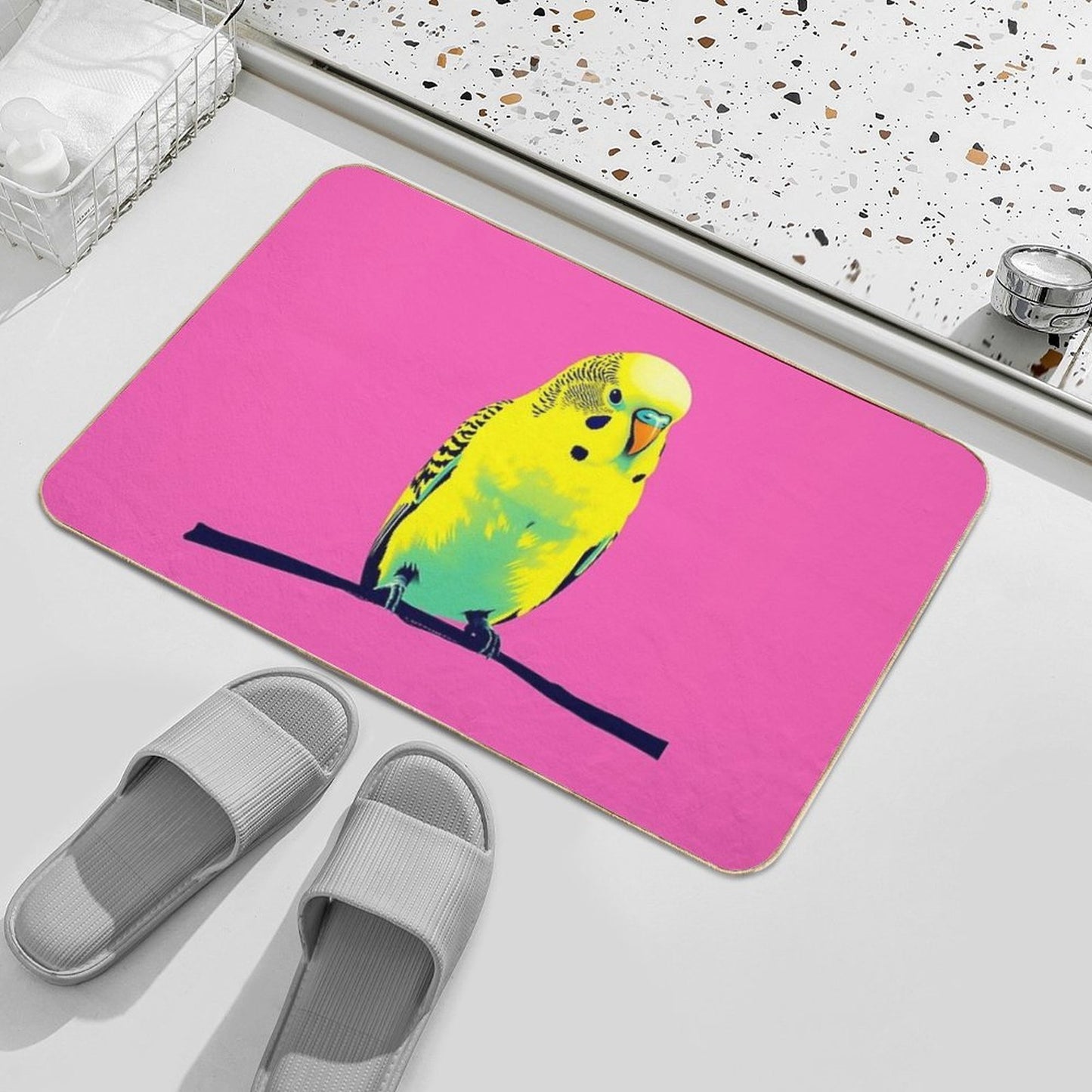 Pink And Yellow Parakeet Budgie Pop Art Illustration  Odorless Bath Mat