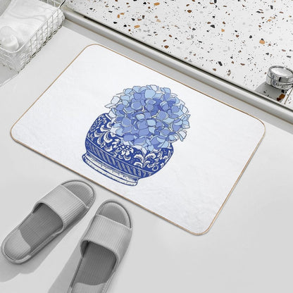 Blue And White Vase with Blue Hydrangeas  Versatile Bath Mat