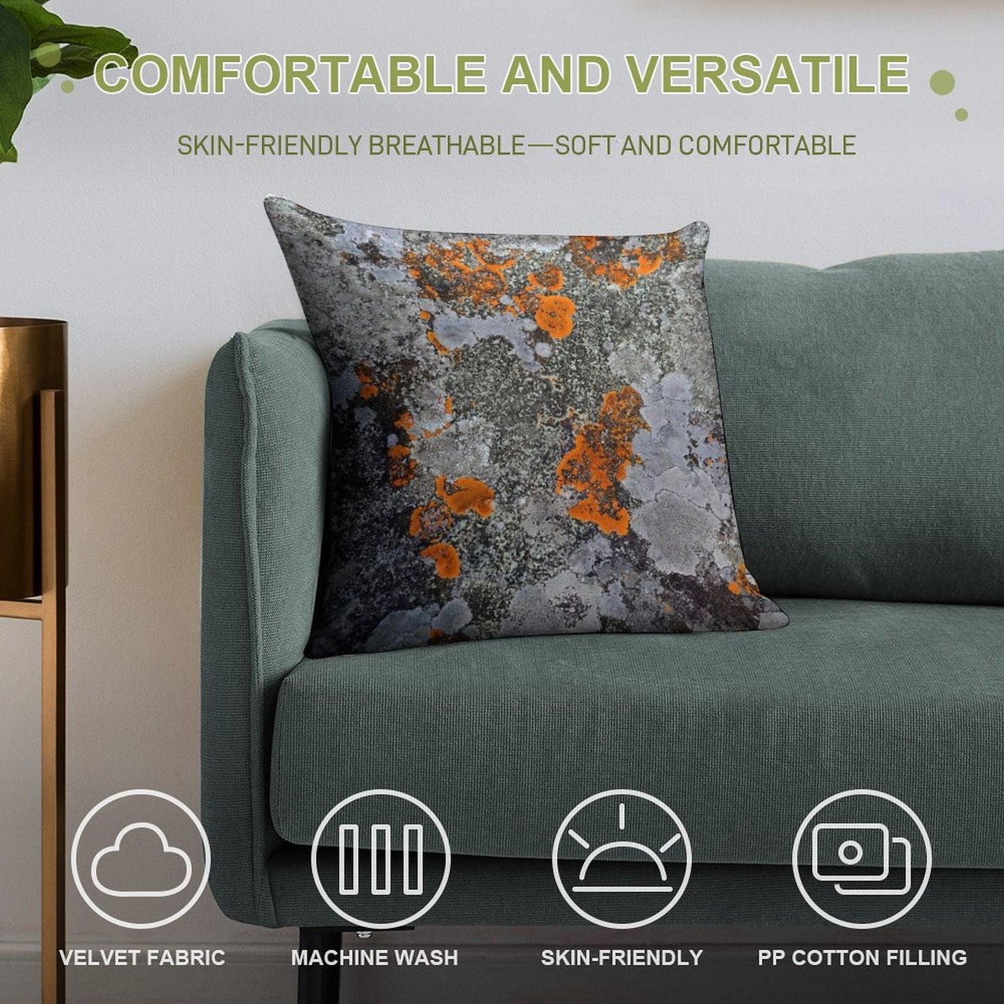 Orange And Grey Lichen Soft High-Density Material Throw Pillow