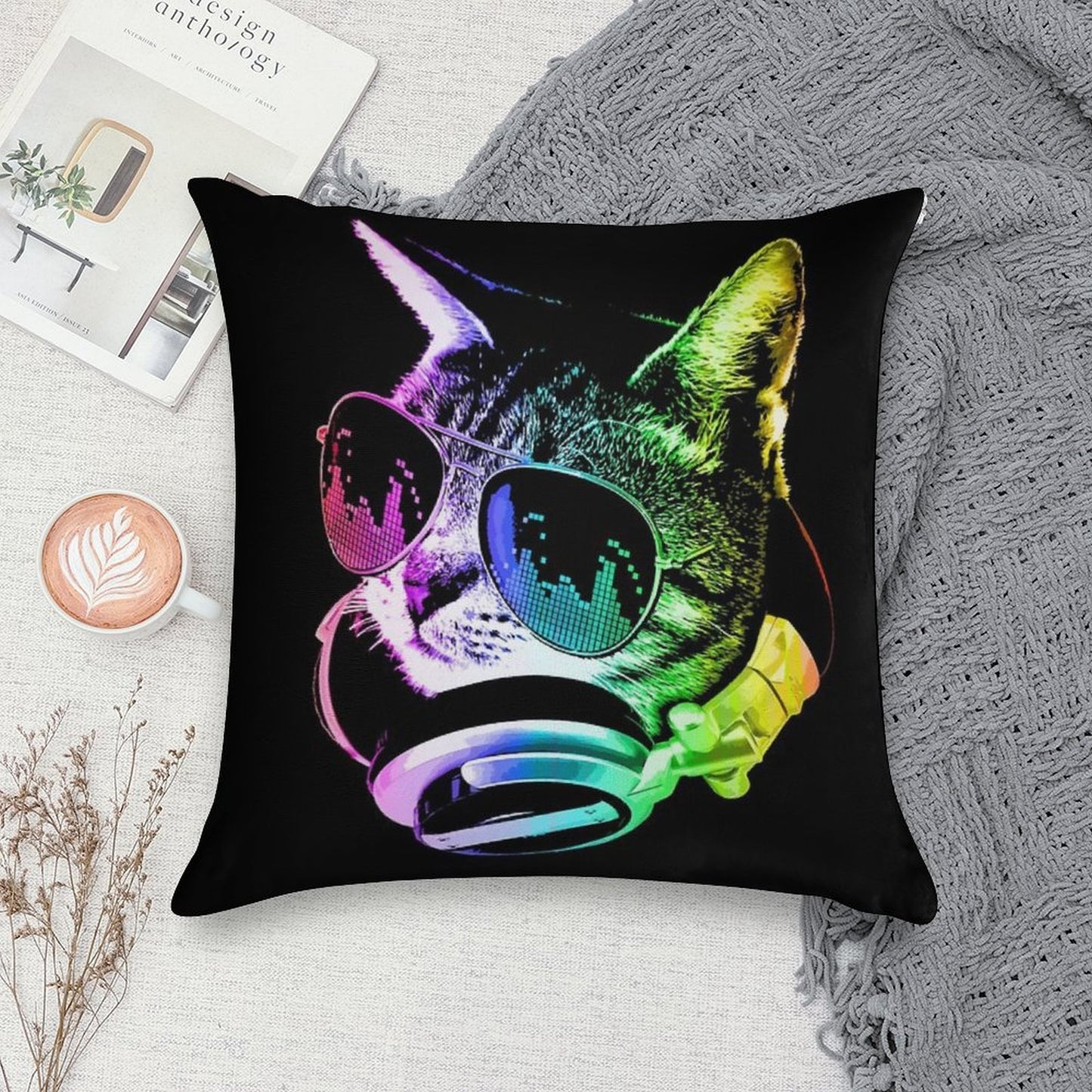 Rainbow Music Cat Soft Bedroom Essential Throw Pillow
