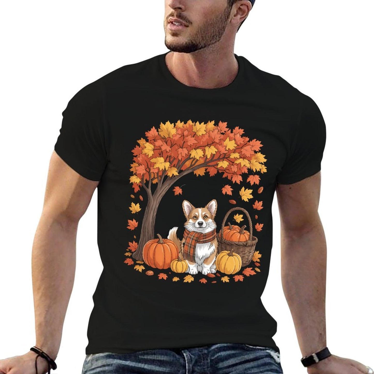 Corgi Dog Fall Scarf Pumpkin Autumn Leaves Thanksgiving  Fade-proof Color T-Shirt